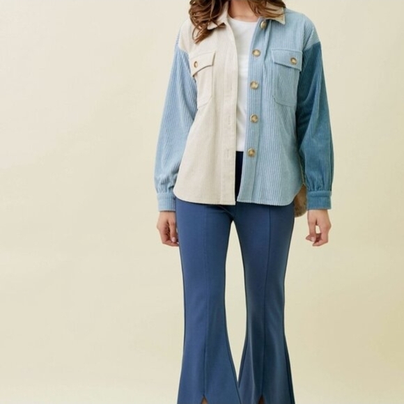 NWT Mystree Beige & Blue Corduroy Colorblock Button-Up Shacket | Oversized - Picture 2 of 8